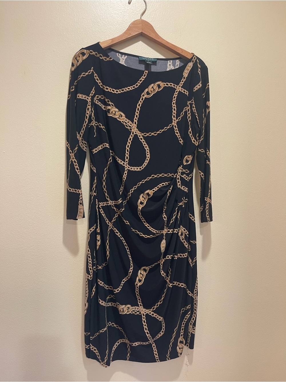 Lauren Ralph Lauren Black Gold Chain Print Faux Wrap Dress 14 Stretchy Ruched - Picture 6 of 16